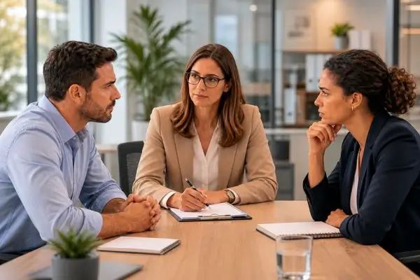 Dois profissionais em reunião de mediação de conflitos no ambiente de trabalho