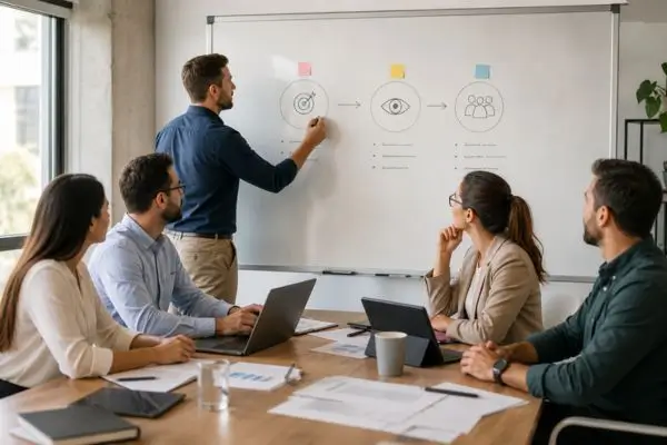 Gestores em reunião definindo missão visão e valores da empresa em quadro branco