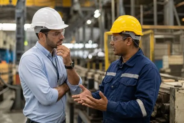 Gestor conversando individualmente com colaborador em ambiente de trabalho industrial
