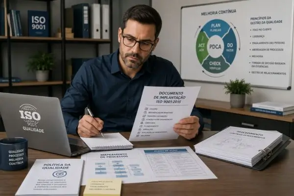 Profissional analisando documentos de implantação do sistema de gestão da qualidade ISO 9001