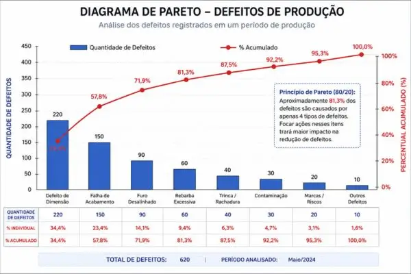 Diagrama de Pareto com gráfico de barras decrescente e curva de percentual acumulado aplicado à análise de defeitos de produção