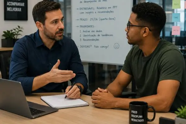 Gestor conversando com colaborador ao repassar uma tarefa com clareza em ambiente de trabalho