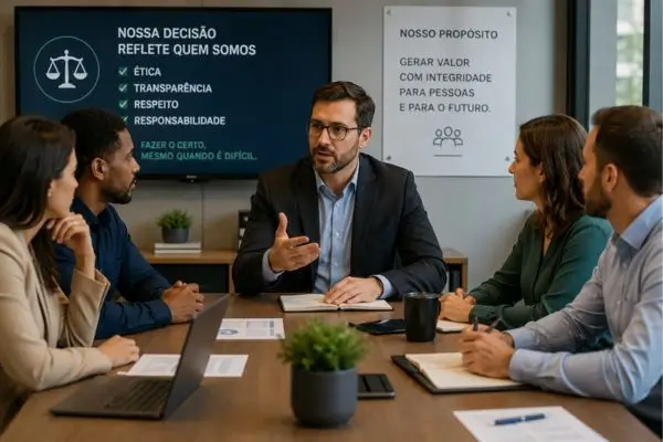 Gestor em reunião de equipe tomando decisão ética em ambiente corporativo