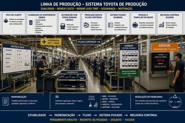 Linha de produção industrial aplicando os princípios do Sistema Toyota de Produção