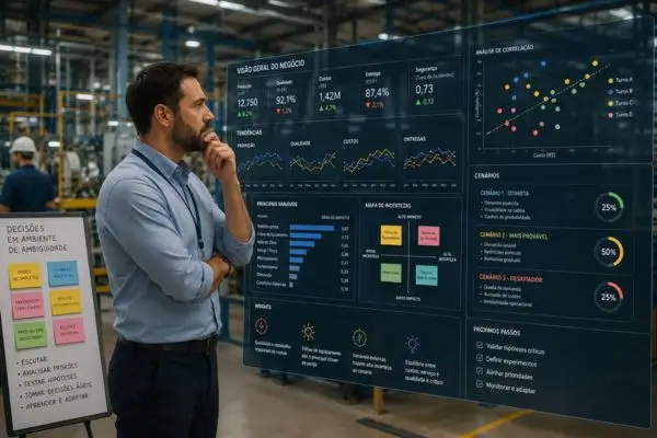 Líder analisando dados em ambiente industrial com múltiplas variáveis — como lidar com ambiguidade nas empresas