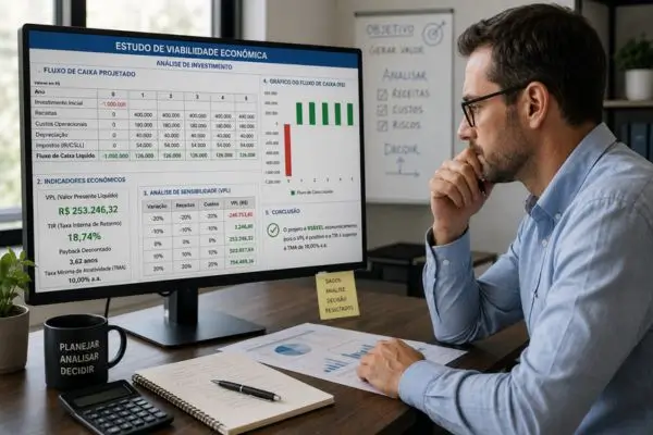 Gestor analisando planilha de estudo de viabilidade econômica com indicadores VPL e TIR