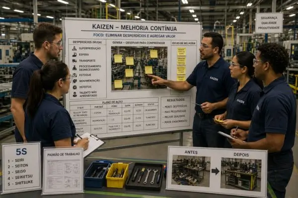 Gestão Kaizen aplicada no chão de fábrica com equipe identificando desperdícios