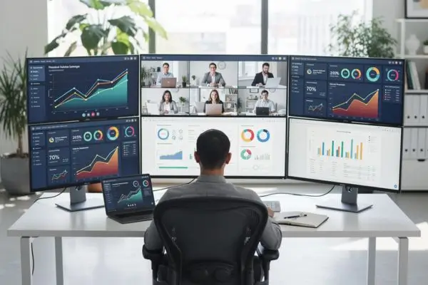 Gestor acompanhando indicadores de desempenho de equipe em modelo de trabalho flexível