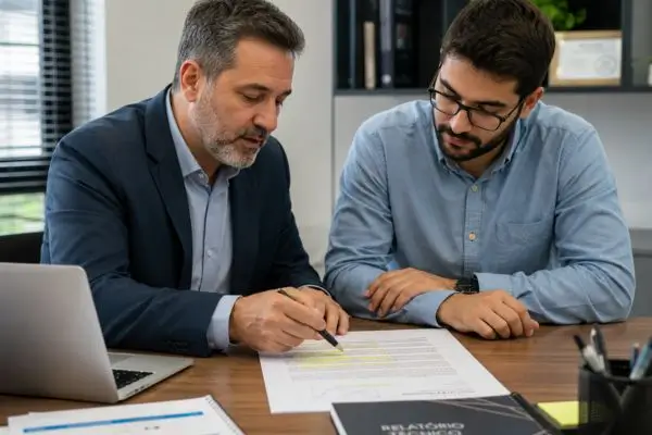 Gestor revisando documento técnico com colaborador, marcando trechos em vez de reescrever