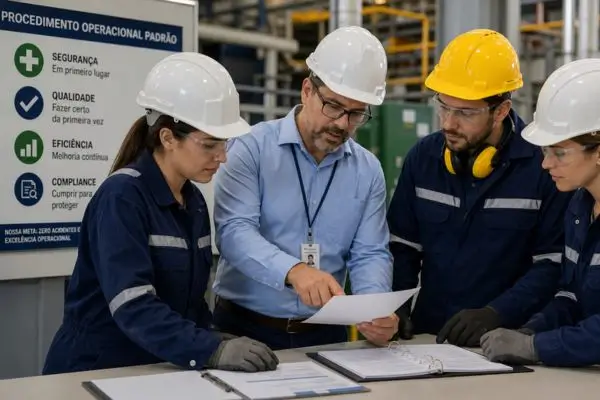 Gestor e equipe revisando procedimento operacional em ambiente industrial