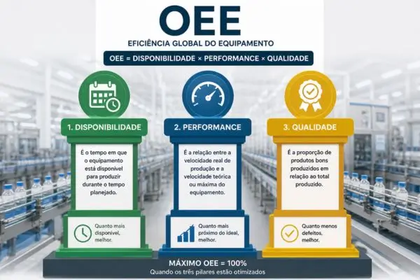 Gráfico mostrando os três pilares do OEE: disponibilidade, performance e qualidade em uma linha de produção industrial