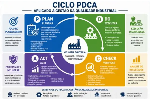 Diagrama do ciclo PDCA com as quatro etapas Plan Do Check Act aplicado à gestão da qualidade industrial