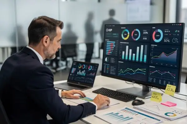 Gestor analisando painel de indicadores durante revisão do planejamento estratégico empresarial